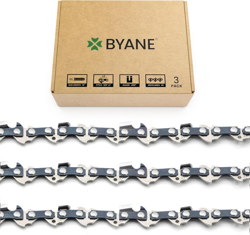 Byane 12 Inch Chainsaw Chain, 3/8" LP Pitch, .050'' Gauge, 45 Drive Links 91PX45CQ Fits Echo 2511T/271T, Greenworks 20262/20292, Craftsman, Husqvarna, Remington, Hart - S45 (3 chains) - Image 1